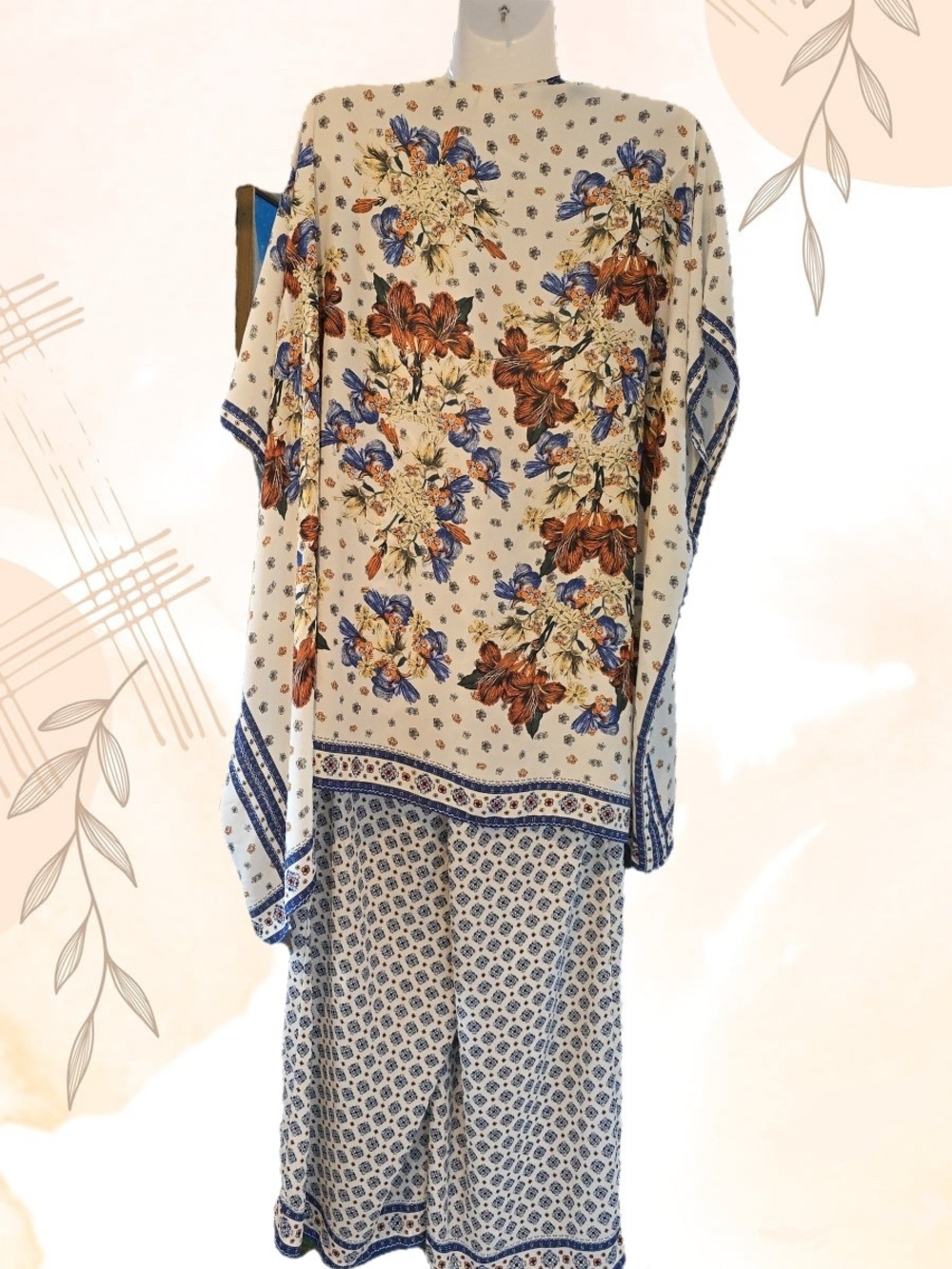 Blue & Cream Floral Shawl & Wide-Leg Pant Set โ Size M - Picture 3 of 9
